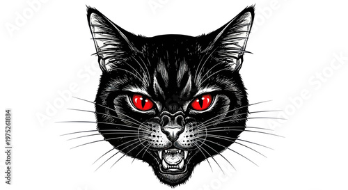 Fierce Black Cat Face with Glowing Red Eyes, Aggressive Expression, Realistic Illustration