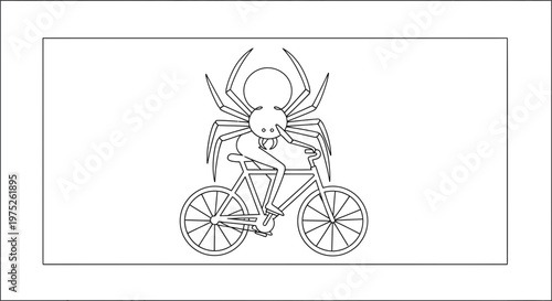 Spider riding a bicycle, funny cartoon character, black and white illustration