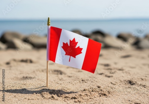 Canadian flag on a small stick in the sand by the water