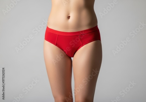 Woman wearing red underwear on gray background