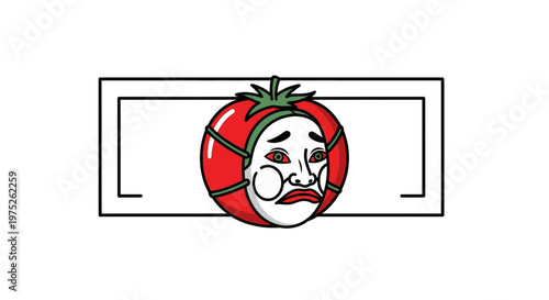 Surreal Tomato Masked Face with Expressive Eyes in Minimalist Frame