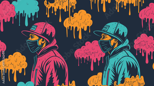 A vibrant illustration of two masked figures in colorful hoodies and hats