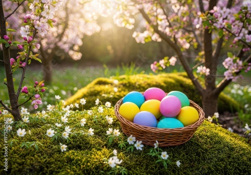 Basket of colorful Easter eggs in a blooming garden