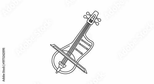 Traditional Stringed Instrument with Bow, Vector Line Art Illustration