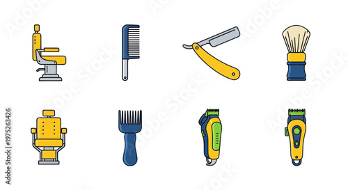 Barber Shop Tools Icon Set: Chair, Razor, Comb, Clippers, Shaving Brush