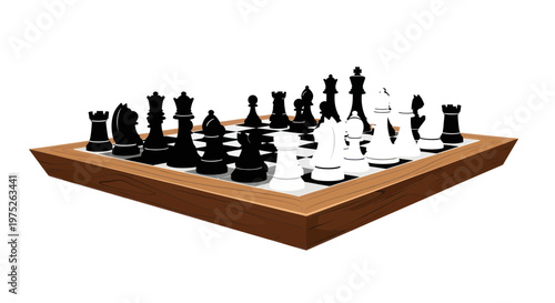 Chessboard with black and white pieces, strategic game, intellectual challenge, competition, indoor activity