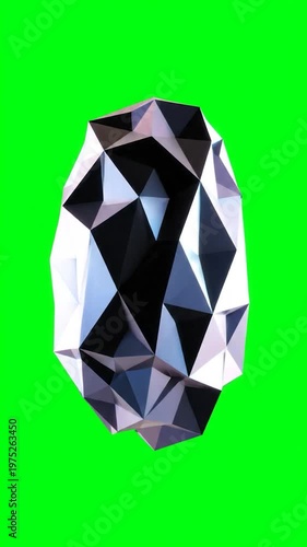 A metallic geometric sphere with sharp triangular facets isolated on a bright green background