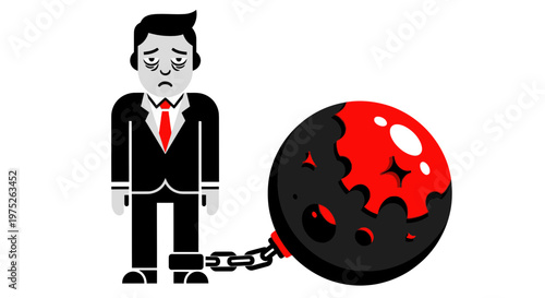 Businessman chained to a heavy burden, representing stress and debt