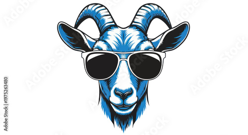 Cool Goat Wearing Sunglasses, Blue and White Illustration, White Background