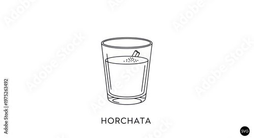 Hand-drawn illustration of a glass of horchata with ice cubes and cinnamon sprinkles.