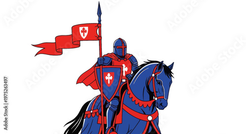 Knight Warrior on Horseback with Banner and Shield, Medieval Battle Armor, Red and Blue