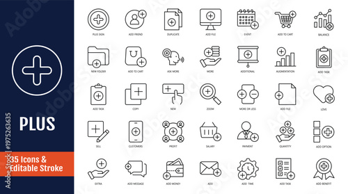 Plus icon set. Icons related to add, more, new, copy, augmentation, positive, create, zoom and more. Outline icon with Editable stroke. Vector illustration