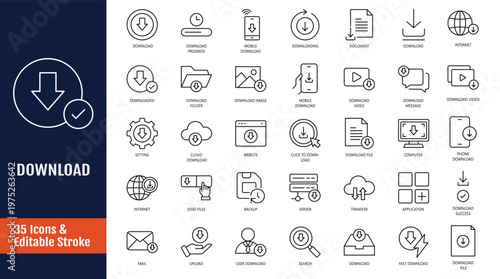 Download icon set. Icons related to upload, document, link, download file, folder, data and more. Outline icon with Editable stroke. Vector illustration