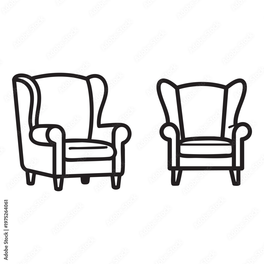 Obraz premium Two black and white line drawings of wingback chairs