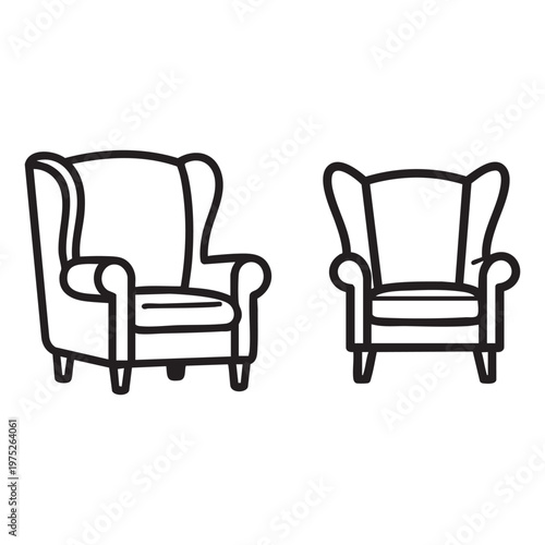 Two black and white line drawings of wingback chairs