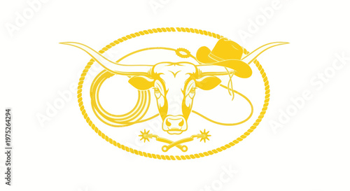 Texas Longhorn Cattle Head with Cowboy Hat, Lasso and Spurs Emblem