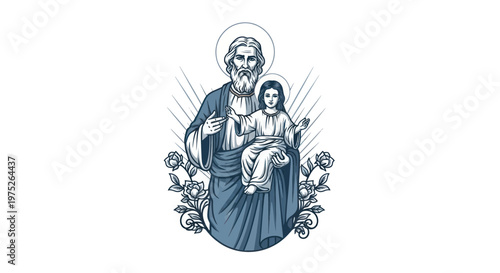Saint Joseph Holding Baby Jesus with Roses, Religious Illustration