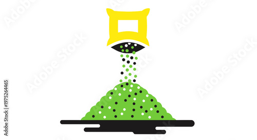 Pouring fertilizer from a bag onto a pile of green granules, illustration.
