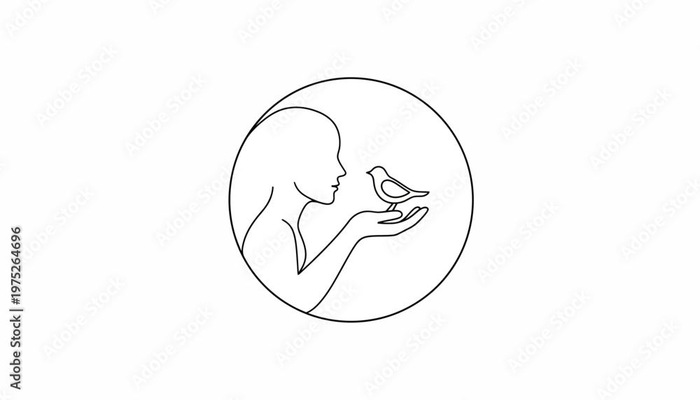 Fototapeta premium Woman holding a bird in her hand, minimalist line art, circle frame, gentle connection, freedom concept
