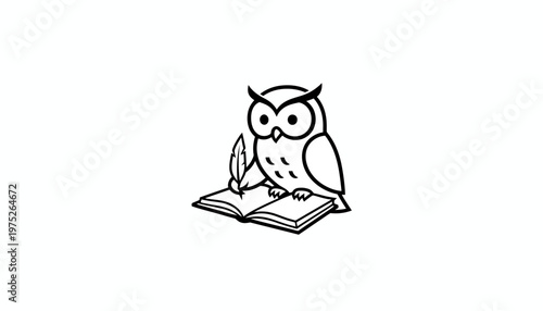 Wise Owl Writing with Quill on Open Book, Education Symbol, Knowledge Concept