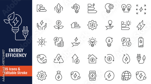 Energy efficiency icon set. Includes energy saving, sustainability, electricity, consumption, house, reduction, lightning and more. Outline icon with Editable stroke. Vector illustration