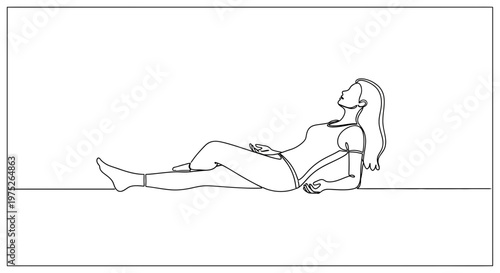 Woman Relaxing Lying Down, Looking Up, Minimalist Line Art