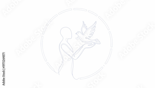 Woman releasing dove, symbol of peace, freedom, hope, and new beginnings, line art