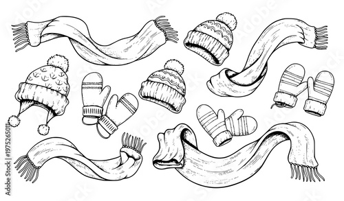 Winter accessories sketch collection hats scarves and mittens dynamic hand drawn vector illustration