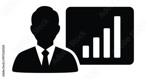 Professional businessman silhouette standing in front of a growing bar chart represented as a clean vector graphic illustration for corporate finance and marketing data analysis