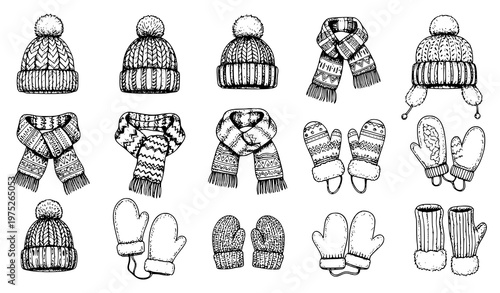 Winter hats scarves and mittens sketch set cozy clothing hand drawn vector illustration
