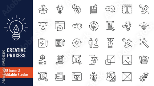 Creative process icon set. Outline icon with Editable stroke. Vector illustration