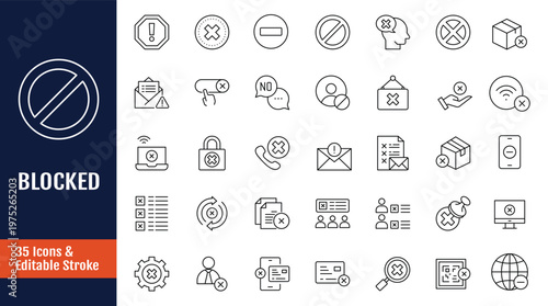 Blocked icon set. Includes forbidden sign, prohibited, banned, error, refuse, close, reject and more. Outline icon with Editable stroke. Vector illustration