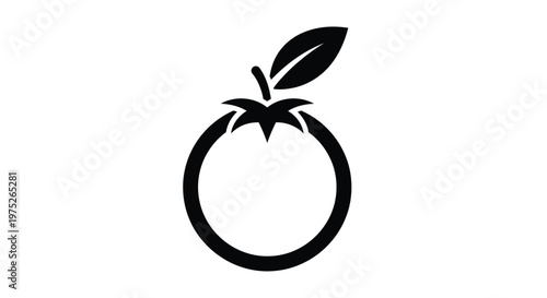 A simple elegant black and white vector illustration of a fresh tomato or a round fruit with a small leaf and stem, perfect for minimalist designs and healthy food concepts.