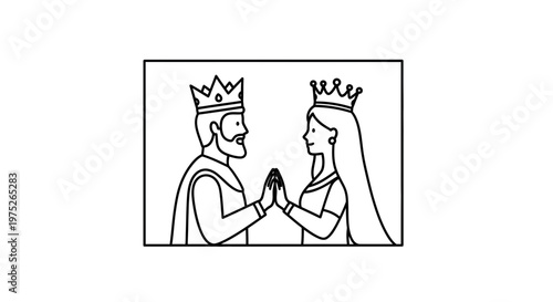 King and Queen Holding Hands, Royal Couple Icon, Black and White Outline