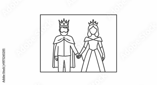 King and Queen Holding Hands, Royal Couple Icon, Line Art