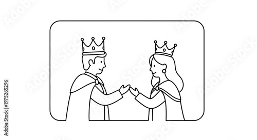 King and Queen Holding Hands, Royal Couple, Love, Fairytale Romance, Simple Line Art
