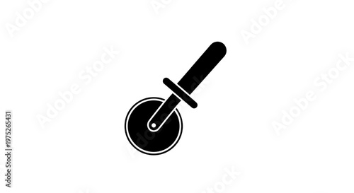 Black pizza cutter icon on white background, kitchen utensil, simple graphic