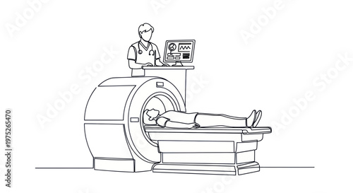 Doctor operating MRI scanner with patient lying down inside