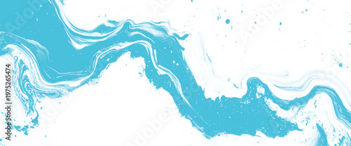 Aqua blue and white marbled fluid texture with splashes and swirls. Organic abstract background with flowing paint
