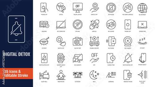 Digital Detox icon set. Includes digital detox, tech detoxification, unplug, no phone, offline, airplane mode, and more. Outline icon with Editable stroke. Vector illustration