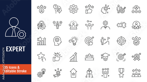 Expert icon set. Includes competence, expertise, knowledge, skill, specialist, experience, advice, and more. Outline icon with Editable stroke. Vector illustration