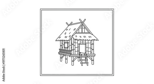 Hand-drawn sketch of a traditional stilt house with a thatched roof in a simple frame.