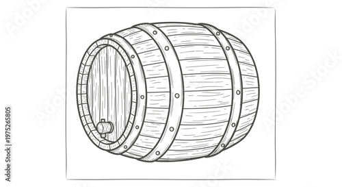 Hand-drawn sketch of a wooden barrel with metal hoops, isolated on white background.