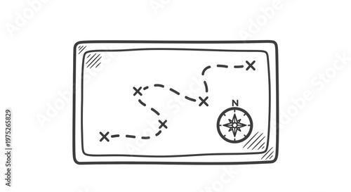 Hand-drawn treasure map with dotted line path and compass rose, adventure concept