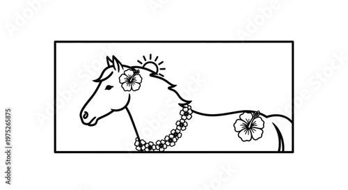 Hawaiian Horse with Flowers and Sun - Tropical Animal Illustration