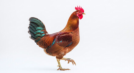A colorful rooster with iridescent green and blue tail feathers walking with one leg raised white background animal photography gallus animal portrait bird portrait animal life farm bird