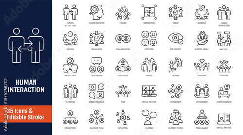 Human Interaction Icons set. Icons related to communication, connection, chat, relationships, group, relationship and more. Outline icon with Editable stroke. Vector illustration