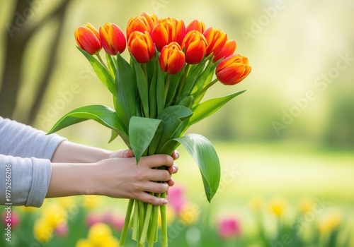 Hands holding a bouquet of red and yellow tulips in a field
