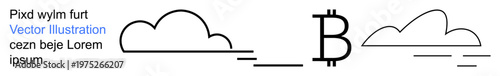 Blockchain, cryptocurrency, data storage, financial technology, decentralized currency, economy. Bitcoin symbol between two minimalist clouds. Cryptocurrency and blockchain technology