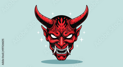 Red Oni Mask with Horns and Fierce Expression.